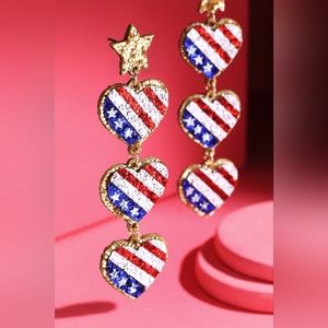 Earrings - Glitter 3-Tier Heart Shaped Leather USA American Flag Dangle Drop